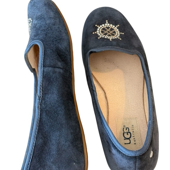 UGG Navy Blue Alloway Crystal Bow Flats Nautical Anchor Slip On Velvet Size 6 - Picture 9 of 11